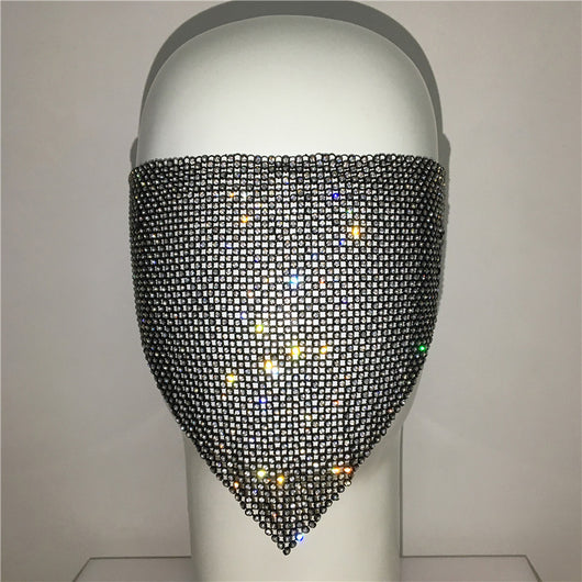 Gold rhinestone mask made of metal mesh, covering the face from the eyes to below the chin, displayed on a white mannequin head. - Image 8