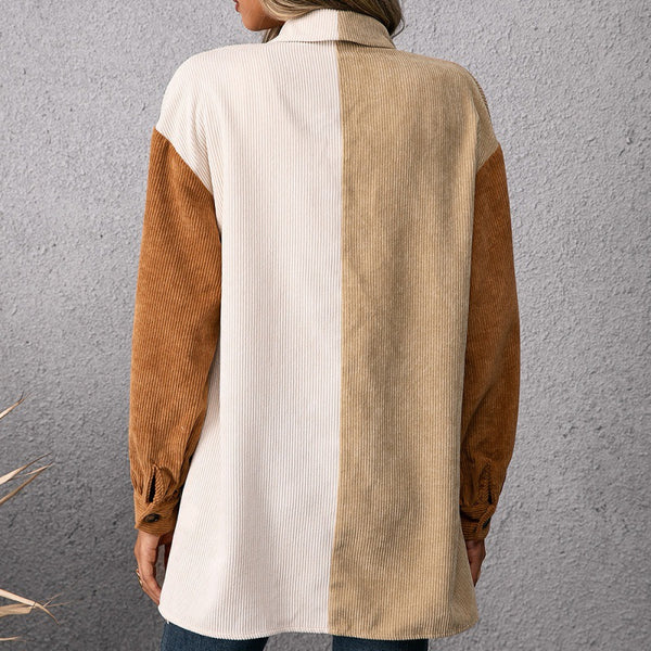 Camisa Suelta de Pana con Costuras Decorativas para Mujer