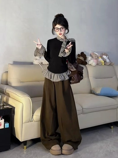 Blusa Larga Negra de Dos Texturas con Mangas Largas para Otoño - Image 14