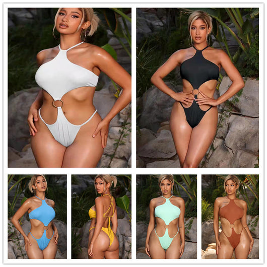 Traje de Baño Enterizo de Color Liso con Doble Argolla