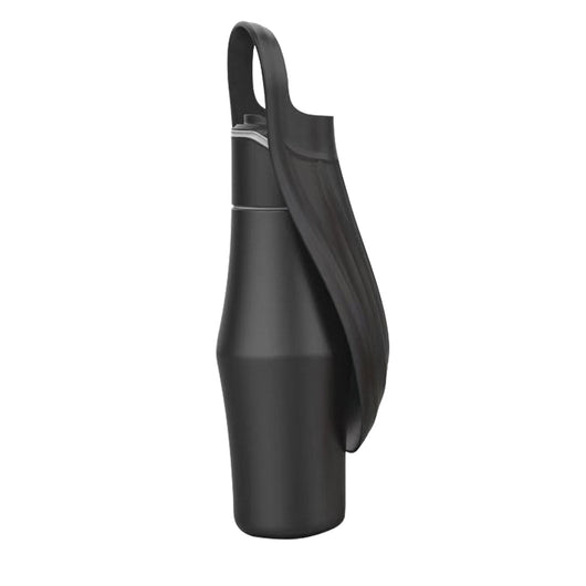Portable pet water bottle with a stainless steel body and a gray silicone leaf-design drinking bowl and handle. - Image 7