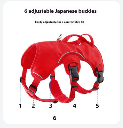 Orange dog harness with reflective trim, black buckles, and a top handle, designed for large dogs. - Image 15