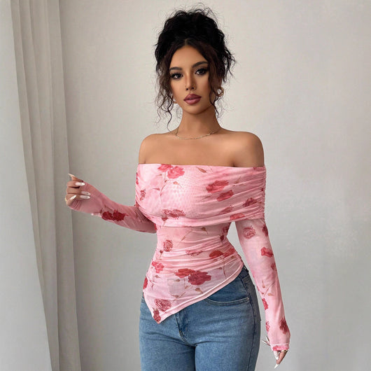 Blusa Asimétrica Ajustada con Volantes y Estampado Versátil - Image 3