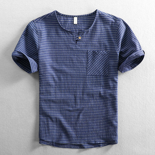 Camiseta Hombre Algodón Rayas Cuello Abierto Manga Corta Suelta Casual - Image 7