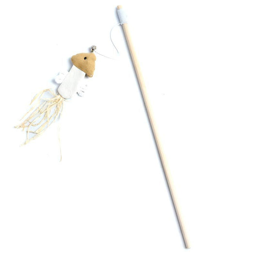 Cat teaser toy with a long wooden pole, a striped ball, brown feathers, and a small bell. - Image 9
