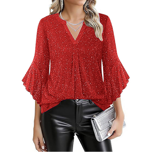 Blusa Suelta de Malla Plateada con Cuello V y Mangas 3/4 Pétalos - Image 34