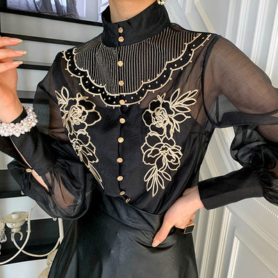 Blusa Elegante con Mangas Linterna y Flores Bordadas - Image 8