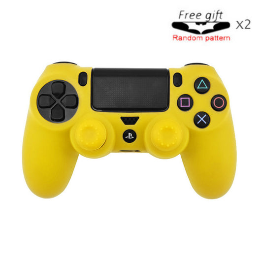 Bright yellow silicone protective cover for a PS4 controller, featuring black buttons and colored action symbols. - Image 36