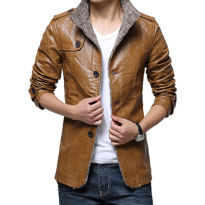 Chaqueta de Cuero Slim Fit Coreana para Hombre con Forro de Piel Gruesa - Image 9