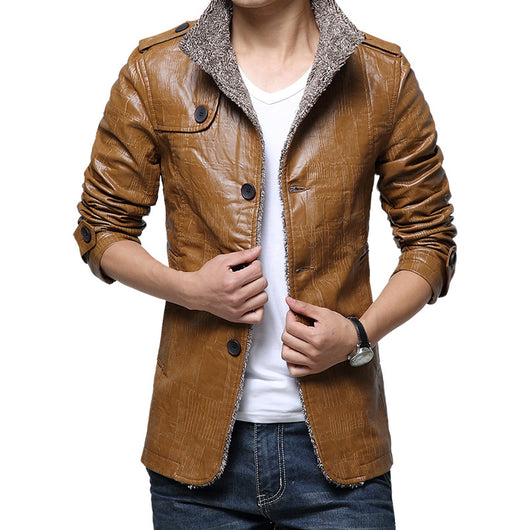 Chaqueta de Cuero Slim Fit Coreana para Hombre con Forro de Piel Gruesa - Image 9