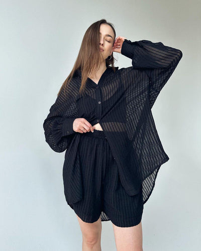 Conjunto de Dos Piezas: Blusa Texturizada Manga Larga y Shorts Casuales para Verano - Image 5