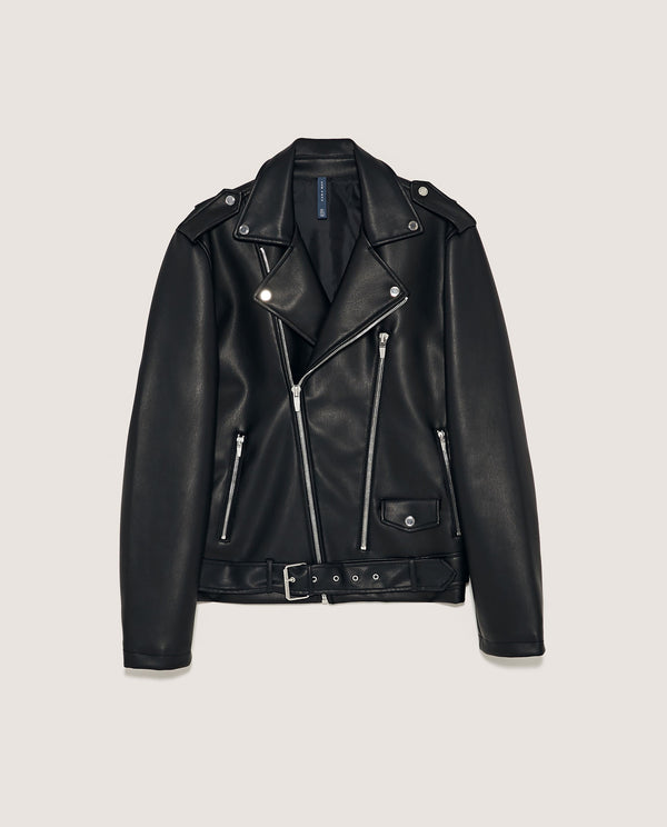 Chaqueta de Cuero Motociclista con Solapa Corta y Cinturón Ajustable