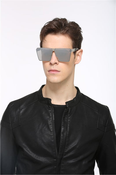 Silver-framed square polarized sunglasses with dark gray lenses and textured temples on a white background. - Image 36