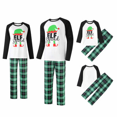 Christmas "ELF Squad" pajama set with white and black raglan long-sleeve top and green plaid pants. - Image 8