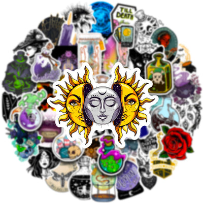 50 waterproof PVC stickers featuring occult, witchy, and mystical designs, including a prominent sun and moon face. - Image 12