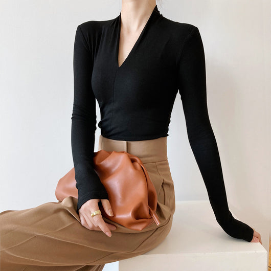 Blusa Básica de Cuello V y Manga Larga para Mujer