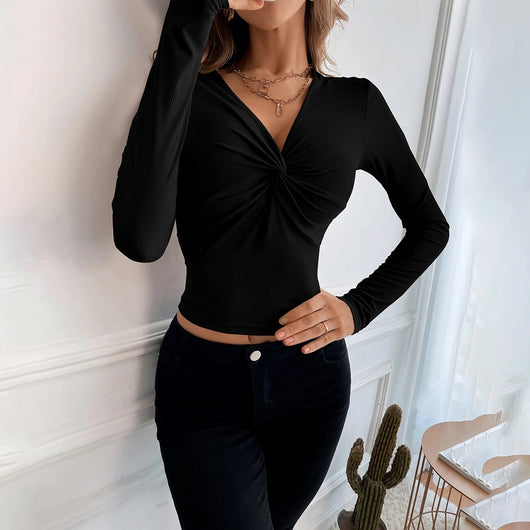 Blusa Ajustada de Punto con Cuello V y Mangas Largas para Mujer - Image 10