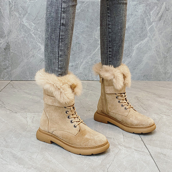 Botas de Invierno Británicas para Mujer con Forro de Conejo y Suela Gruesa