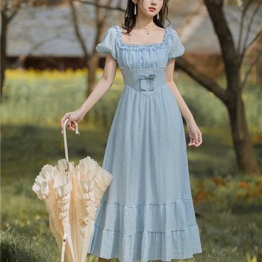 Vestido Vintage de Cintura Alta con Cuello Cuadrado y Mangas Abullonadas Beaded - Image 8
