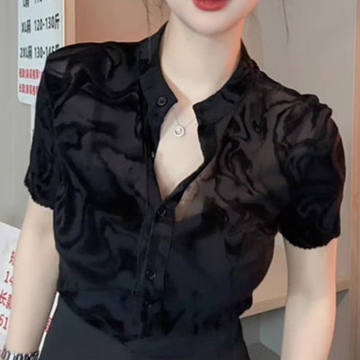 Blusa Negra de Malla Manga Corta para Mujer - Estilo Verano - Image 2