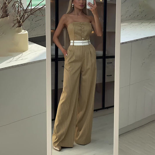 Jumpsuit de Tubo Rayado con Cintura Alta y Hombros Descubiertos - Pantalón Ancho para Mujer
