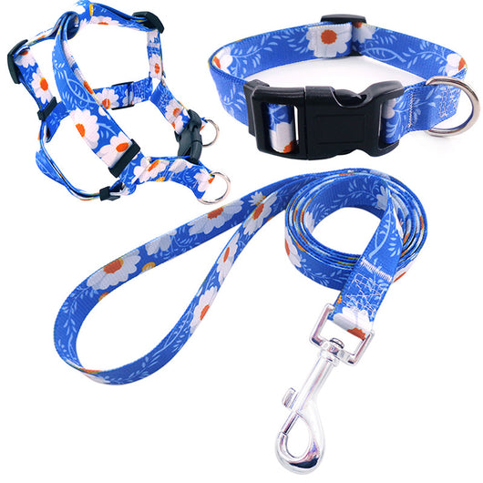 Blue geometric pattern pet collar, harness, and leash three-piece set with black buckles and silver hardware. - Image 7