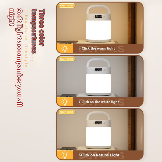 White rechargeable LED table lamp with a digital clock display and a light gray carrying handle. - Image 3