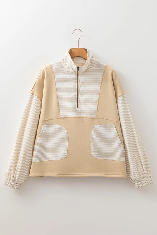 Blusa Holgada de Manga Larga con Rayas Patchwork y Hombro Descubierto - Image 2