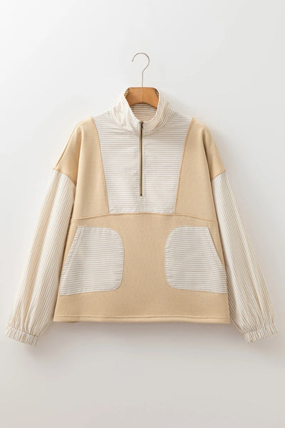 Blusa Holgada de Manga Larga con Rayas Patchwork y Hombro Descubierto - Image 2