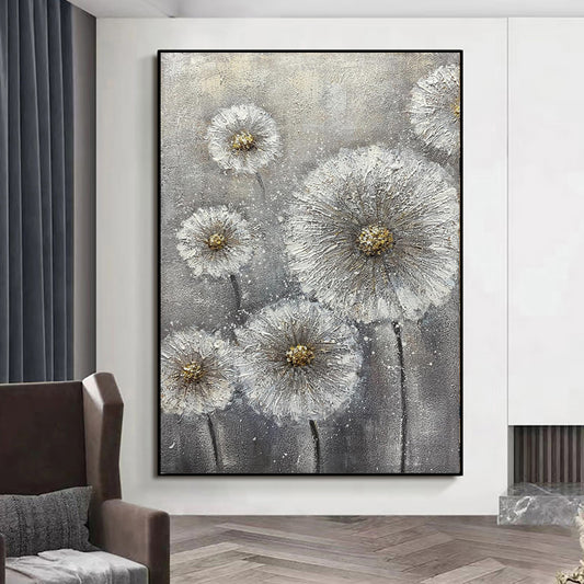 Cuadro Óleo Texturizado Flores Blancas sobre Lienzo Gris - Arte Moderno para el Hogar