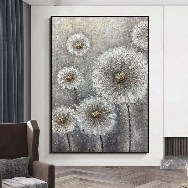 Cuadro Óleo Texturizado Flores Blancas sobre Lienzo Gris - Arte Moderno para el Hogar