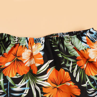 Family matching Hawaiian outfits: men's shirt and shorts, women's off-shoulder maxi dress, girl's dress, boy's shirt and shorts, all with black, orange hibiscus - Image 16