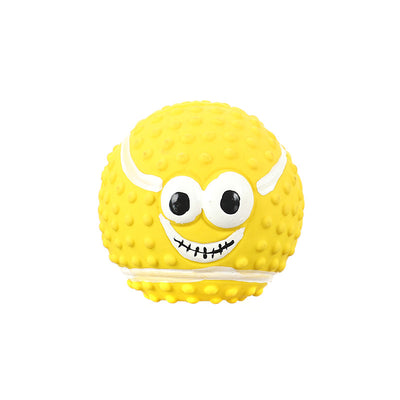 Yellow textured latex pet ball with a cartoon face, designed as a sounding dog toy for teeth cleaning. - Image 12
