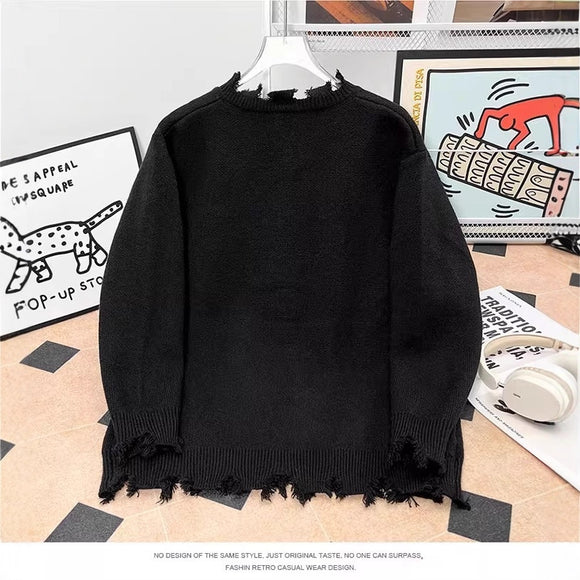 Heavyweight American Style Sweater with Half-Zip and Distressed Details