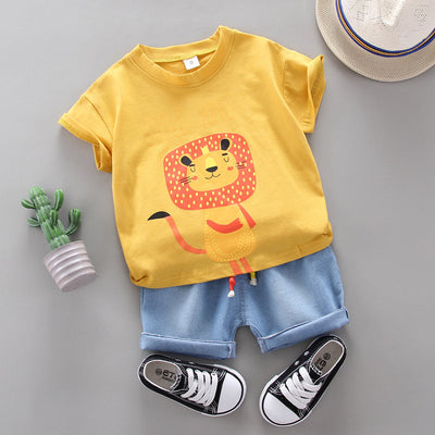 Conjunto de Camiseta Manga Corta Cuello Redondo Estampado León Cartoon para Niño - Image 8