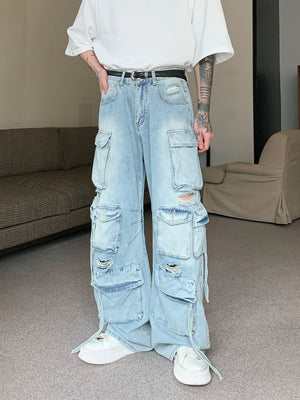 Pantalones Vaqueros de Trabajo Oversized con Múltiples Bolsillos - Estilo Industrial Vintage
