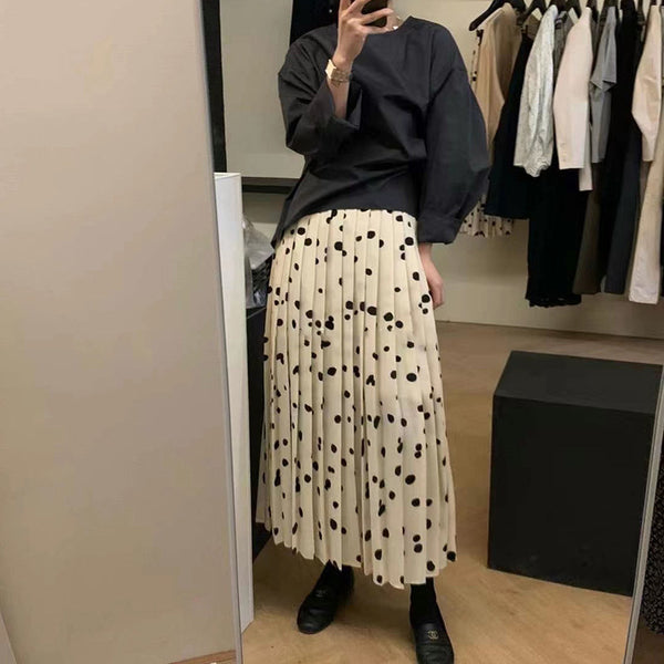 Falda Plisada Cintura Alta Elástica con Estampado de Lunares