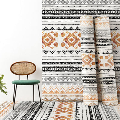 Rectangular area rug with white background and horizontal stripes of black, teal, and yellow tribal patterns. - Image 16