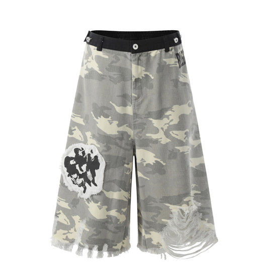 Shorts Camuflaje Hip Hop con Bordados de Personajes Estilo Americano