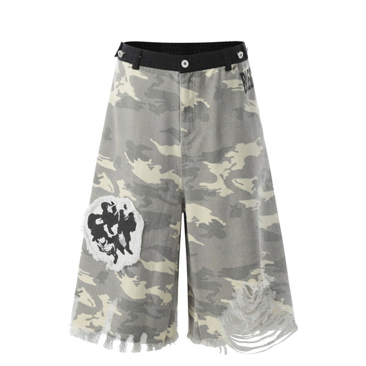 Shorts Camuflaje Hip Hop con Bordados de Personajes Estilo Americano