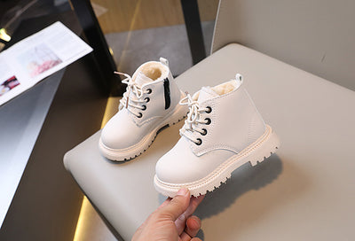 Black children's fashion Martin boots with laces and a side zipper, featuring a thick rubber sole. - Image 33