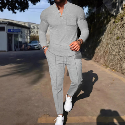 Conjunto Casual de Pantalón y Camiseta Henley Texturizada de Manga Larga para Hombre - Image 4