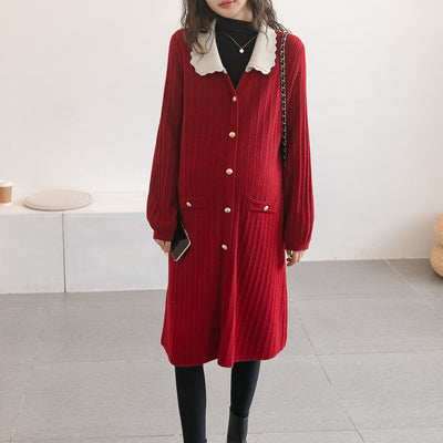 Cardigan Tipo Suéter Estilo Occidental Reductor de Edad con Cuello Solapa y Falda Tejida Elástica Midi - Image 5