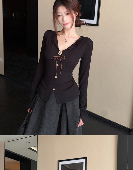 Blusa Elegante Francesa Cuello V Manga Larga Ajustada con Botones - Image 30