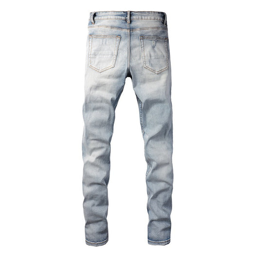 Jeans Slim Ajustados Blanco Roto con Parches Desgarrados y Detalles Vintage - Image 2