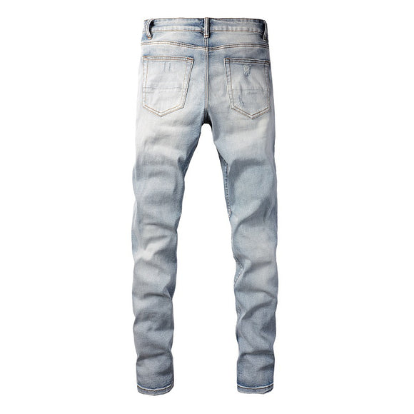 Jeans Slim Ajustados Blanco Roto con Parches Desgarrados y Detalles Vintage