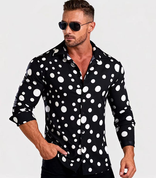 Camisa Casual de Manga Larga con Estampado de Lunares para Hombre