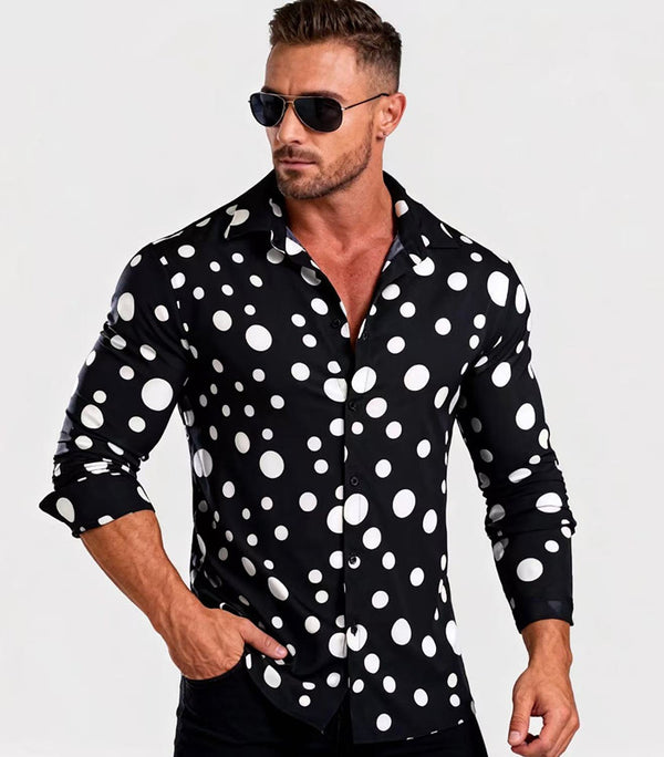 Camisa Casual de Manga Larga con Estampado de Lunares para Hombre