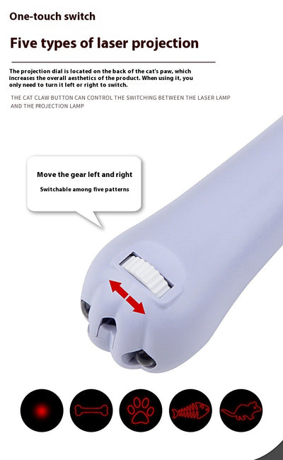 Light purple paw-shaped cat laser pointer toy with USB charging, featuring multiple red laser patterns, soft white light, and UV light. - Image 18