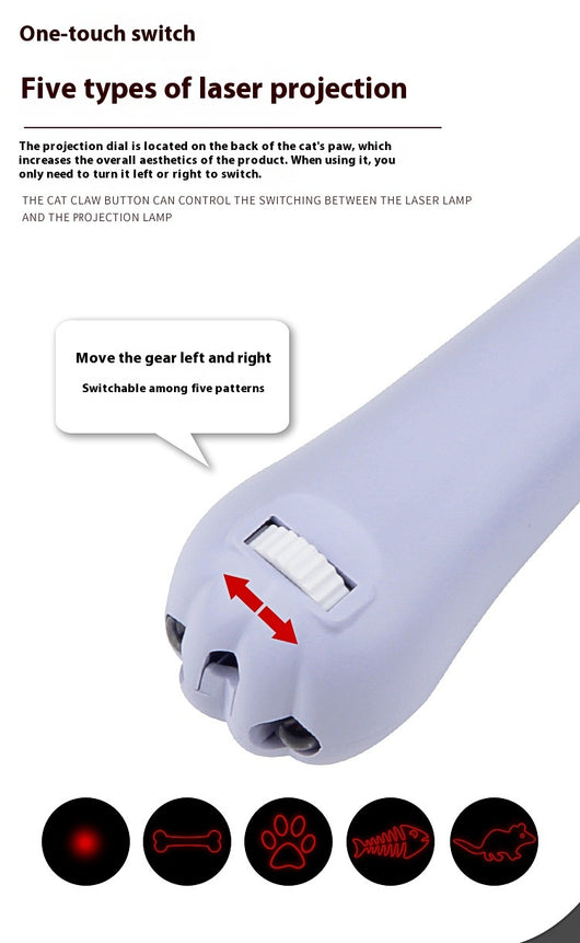 Light purple paw-shaped cat laser pointer toy with USB charging, featuring multiple red laser patterns, soft white light, and UV light. - Image 18